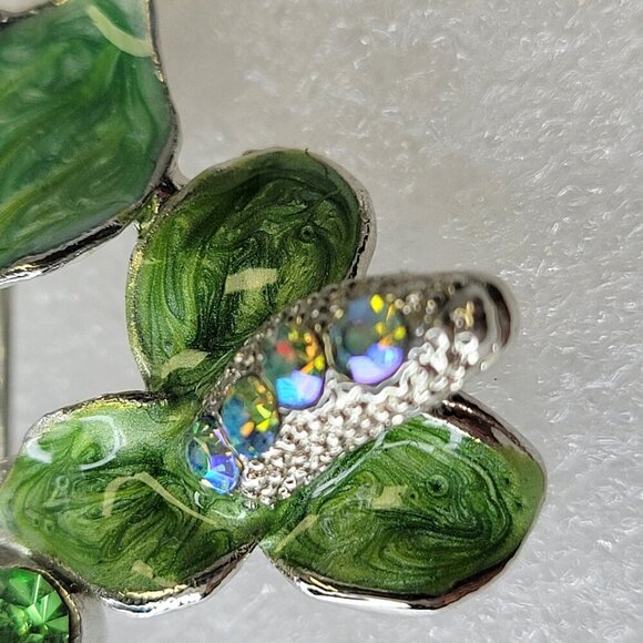 Vintage Rhinestone Floral Brooch Sparkling Green Leaves - Picture 6 of 12
